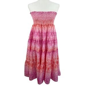 Lauren Ralph Lauren Printed Tiered Strapless Midi Dress Smocked Vacation Sz. L